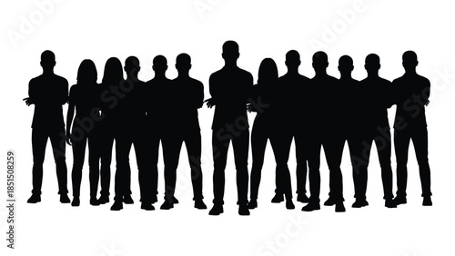 A group of people standing closely together forming a unified black shape silhouette