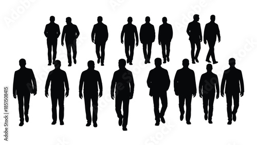 A group of people walking forward depicted in stark black and white silhouette
