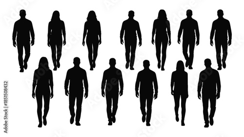 a diverse group of people walking forward depicted as a striking black silhouette