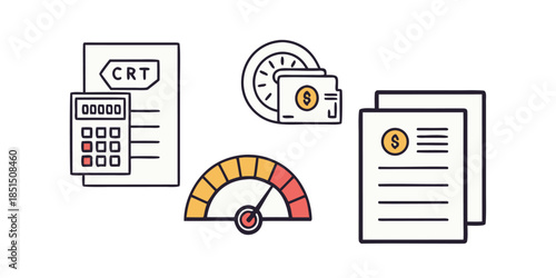 Illustration of financial icons representing credit score calculation loan application and payment tracking