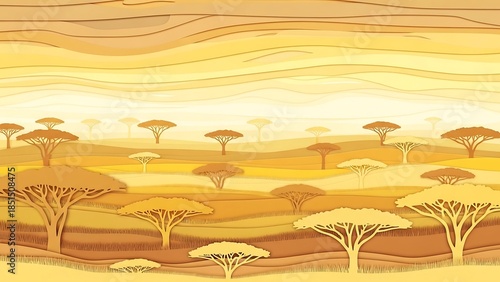 Serene African Savannah Landscape with Acacia Trees Illustration.
