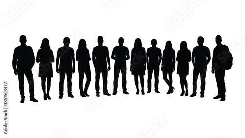a group of people standing together in a line shown as a dark outline silhouette