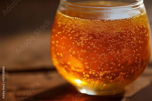 Macro shot of sparkling amber wine with carbonated texture on wooden background