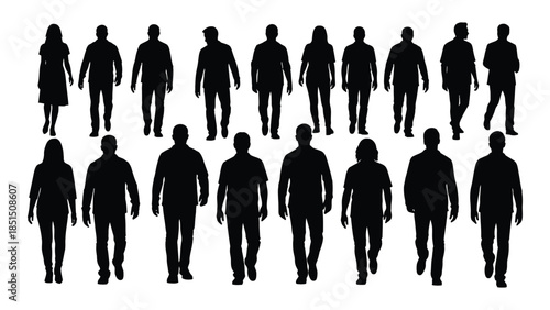 A group of people walking forward depicted as dark shapes a striking silhouette