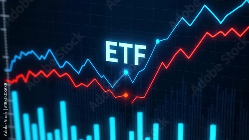 Bright ETF text displayed over a dark background with red and blue rising line graphs showing financial market movement and volatility.