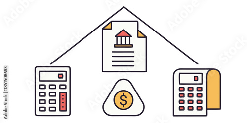 Financial calculation concept showing money transfer and bank document processing with calculators