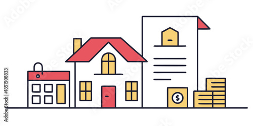 Real estate transaction concept showing a house contract dates and stacks of money for financing