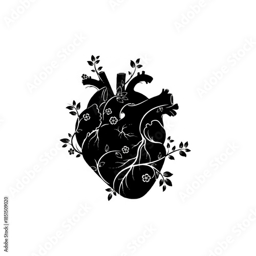 Black Heart with Flowers Illustration