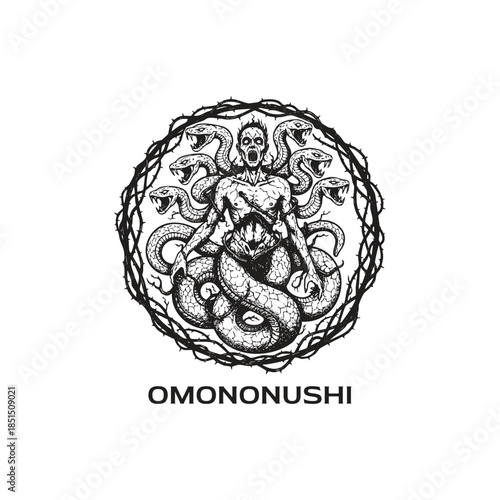 Terrifying vintage etching of the Japanese deity Omononushi as a snake god, with multiple serpent heads emerging from a human torso within a thorny wreath