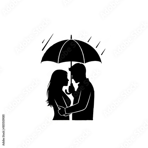 Couple Under Umbrella In Rain Silhouette