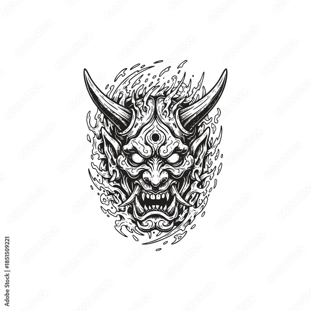 Fototapeta premium Ferocious vintage etching of a Japanese Hannya mask with sharp horns, fangs, and a third eye surrounded by ethereal flames