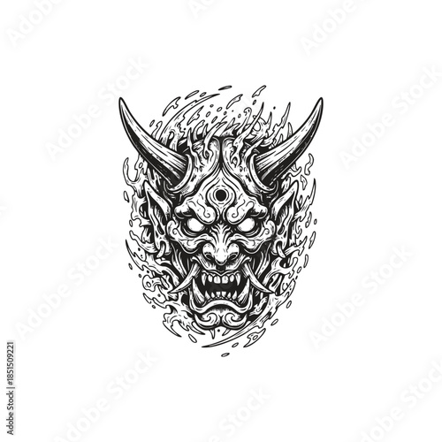 Ferocious vintage etching of a Japanese Hannya mask with sharp horns, fangs, and a third eye surrounded by ethereal flames