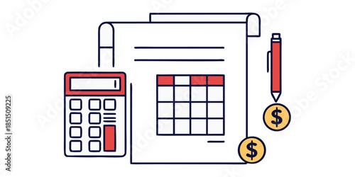 Illustration representing financial planning paperwork calculations and money management concepts