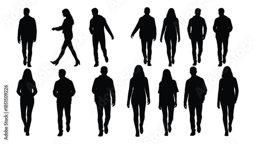 Diverse group of people walking in various poses a striking black silhouette