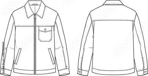Jacket front back view, zipper closure, chest pocket, collar cuff detail, fashion sketch, cad drawing flat vector illustration