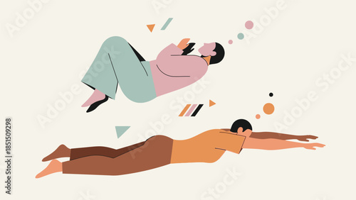 Man and woman floating in air with thought bubbles