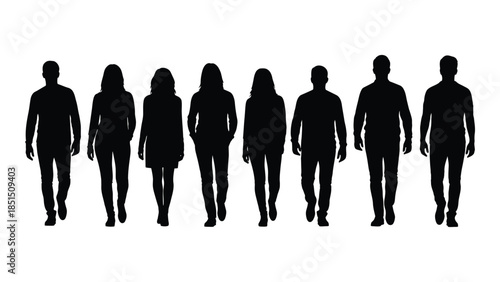 A row of diverse people walking forward depicted as a stark black silhouette