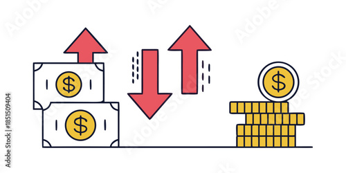 Financial market concept illustrating currency fluctuation with banknotes coins and up down arrows