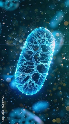 Luminous Microcosm: A captivating abstract illustration of a cell or microbe glowing with intricate detail and luminescent blue energy, set against a backdrop of ethereal particles.