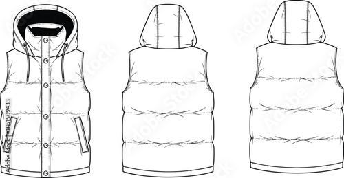 Padded sleeveless vest front back view, hood detail, zipper pocket, button closure, fashion sketch, cad drawing flat vector illustration