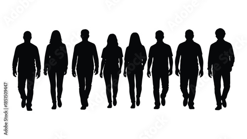 a line of people walking forward depicted as dark shapes against a white background silhouette