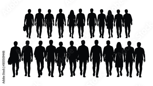 A crowd of people walking forward depicted as dark shapes against a white background silhouette