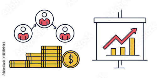Business icons showing networked people money growth and upward trending investment performance charts