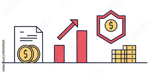 Financial growth security and asset accumulation concepts illustrated with icons for banking and investment