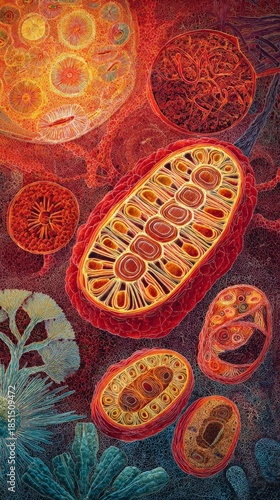 Cellular Symphony: An abstract artistic rendering of the intricacies of the cell, displaying complex structures and vibrant colors, representing life's building blocks.