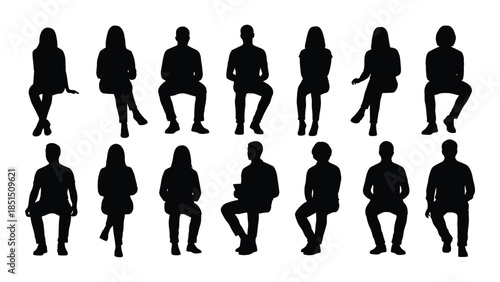 A collection of diverse black silhouettes depicting people in various casual poses silhouette
