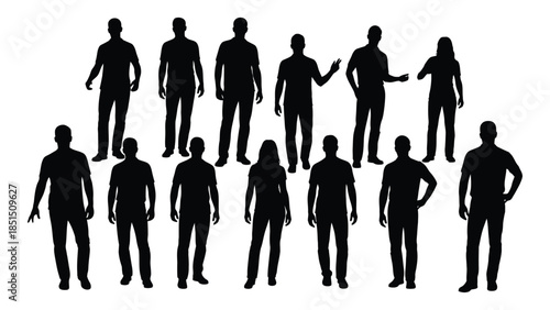 A collection of black human figure silhouettes standing closely together depicting a group silhouette