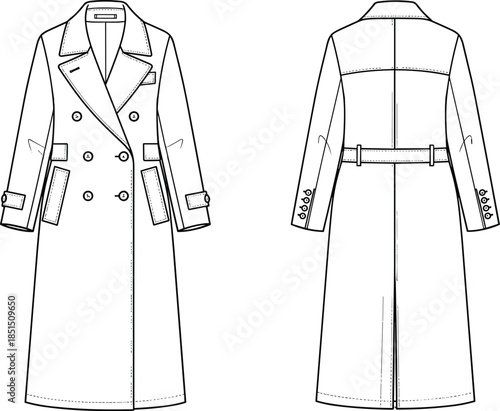 Trench coat front back view, double breasted buttons, notched lapel collar, flap pockets, fashion sketch, cad drawing flat vector illustration