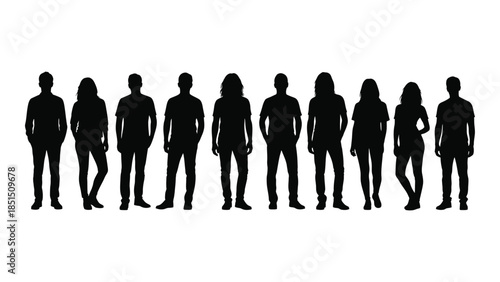 A row of ten black figures standing closely together a simple graphic silhouette