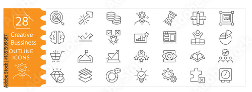 Creative Business Icon Set. Modern Line Icons Including Innovation, Startup, Entrepreneurship, Strategy, Teamwork, Marketing,Idea and Professional Growth Concepts. Editable Stroke. Vector Illustration