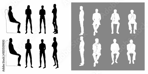 Silhouettes of people sitting in various poses presented in black and white