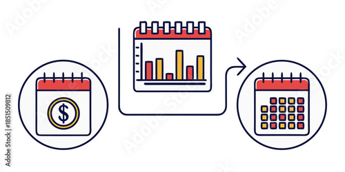 Simple icon illustrating financial progress tracking over a recurring period with data analysis