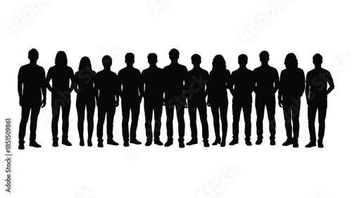 A line of people standing together dark forms against a bright background silhouette
