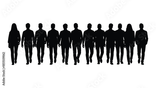 A line of people standing together viewed from the front in a dark silhouette