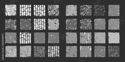 Abstract arrangement of grayscale rectangular textures resembling brick or stone patterns