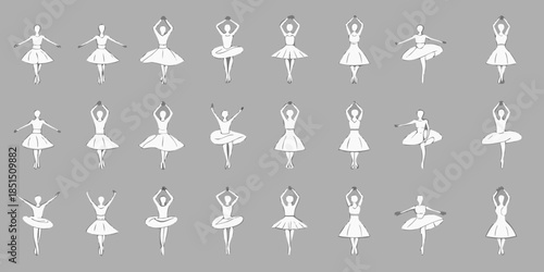 A series of white ballerina figures in various graceful poses on gray