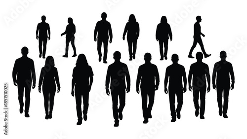 a group of people walking in various poses presented as a stark black silhouette