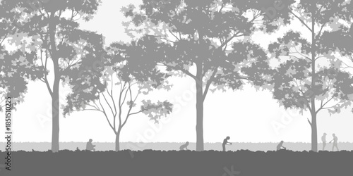 Silhouette of trees and people against a bright hazy sky