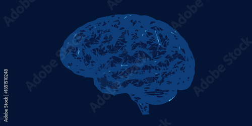 A detailed illustration of a human brain rendered in a deep blue color scheme