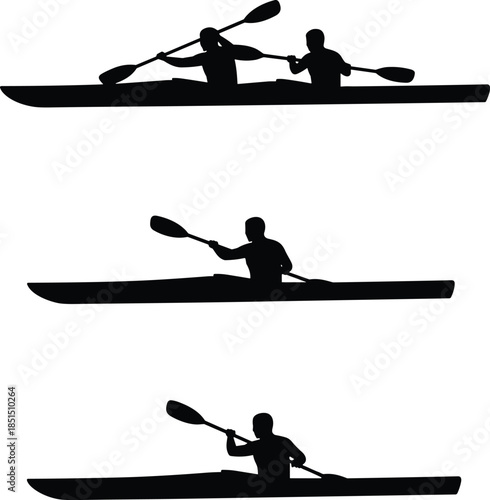 Kayaking silhouettes set, single and tandem paddlers racing boats on water isolated on white background, outdoor sport vector illustration design