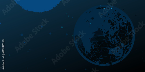 A dark blue abstract representation of earth surrounded by stars