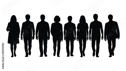 a row of diverse people standing side by side in a dark stark silhouette