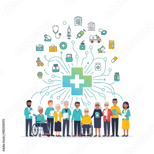 Medical concept with healthcare professionals and related icons