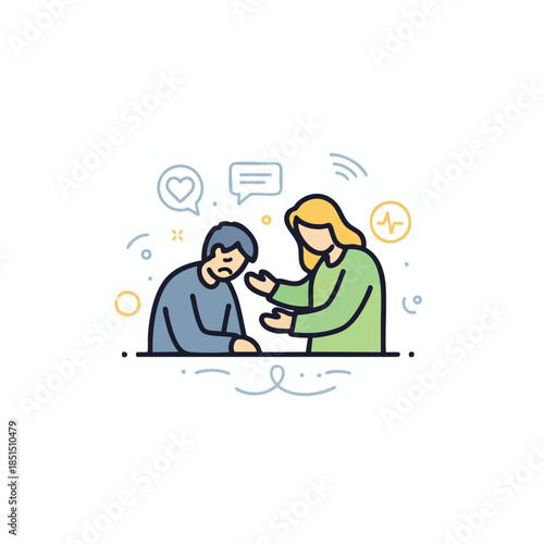 A person with head bowed is consoled by another in a colorful illustration