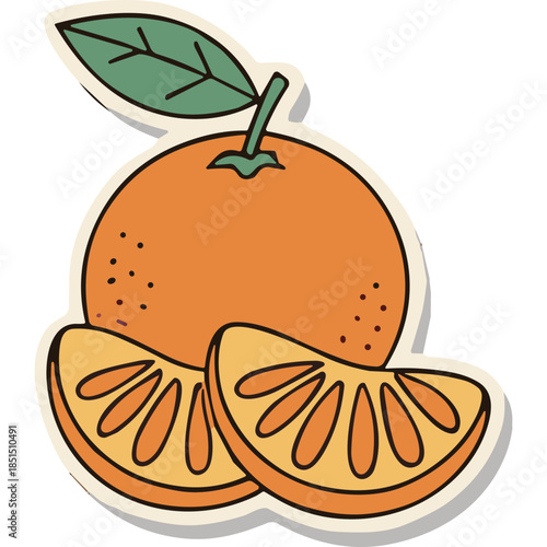 Cute Orange Fruit Sticker with Slices and Leaf
