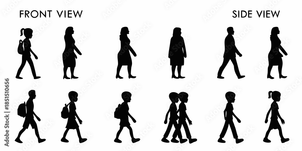 Fototapeta premium Silhouettes of people walking in different poses and perspectives shown in black